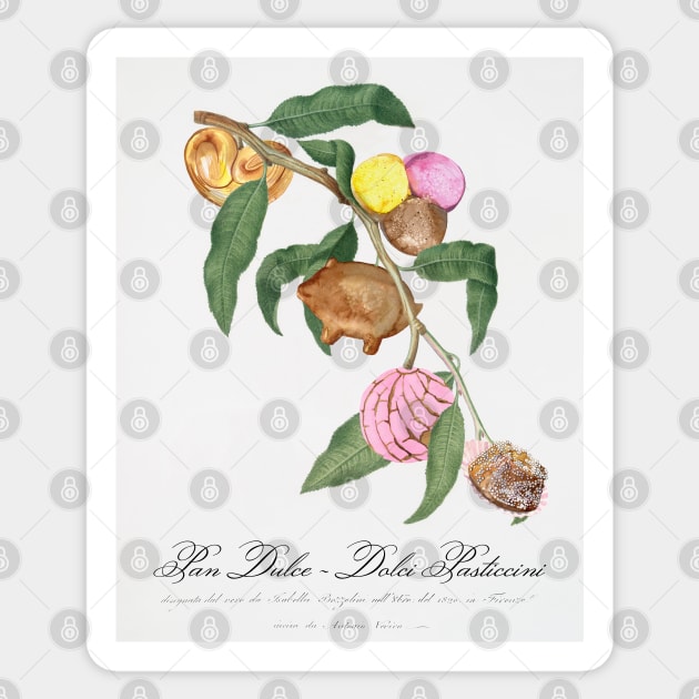 "Pan Dulce - Dolci Pasticcini" - Pastry Tree; traditional botanical art from Pomona Italiana updated with classic Mexican desserts Sticker by Ofeefee